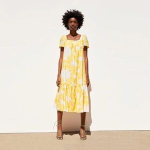 Zara 100% Cotton Yellow Off White Flutter Midi Sundress
